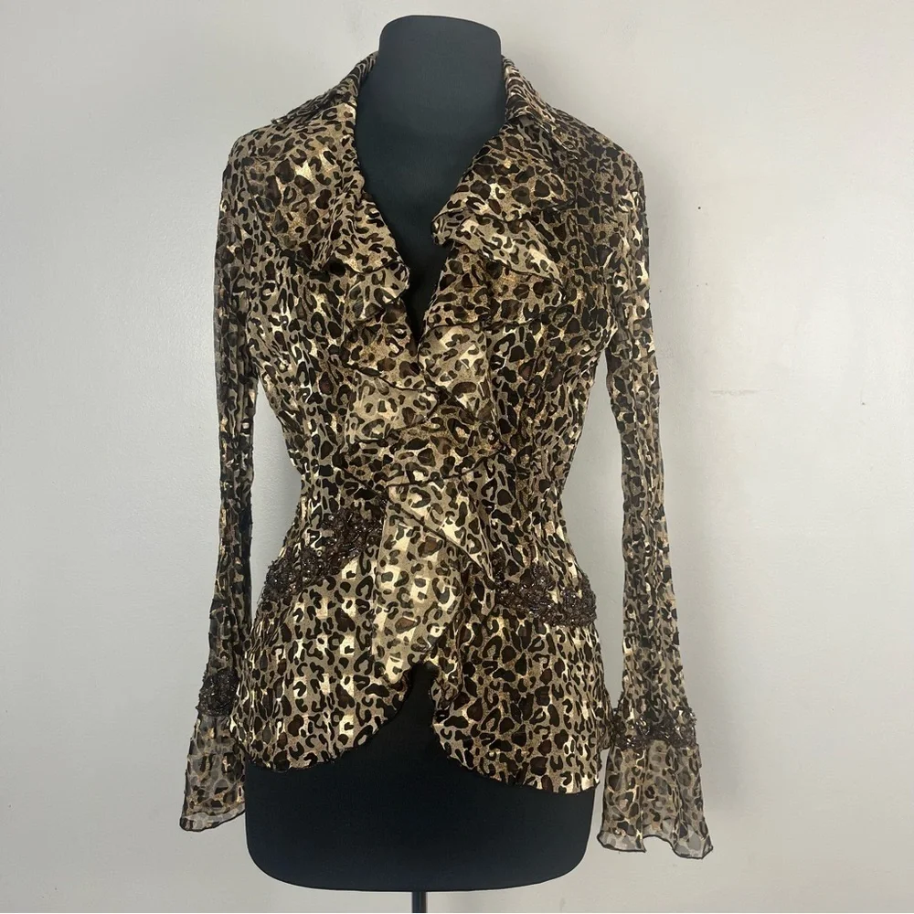 Vintage Y2K Mary L Couture animal print beaded button down ruffle top size small - Picture 1 of 7